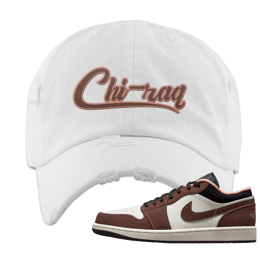 Mocha Low 1s Distressed Dad Hat | Chiraq, White