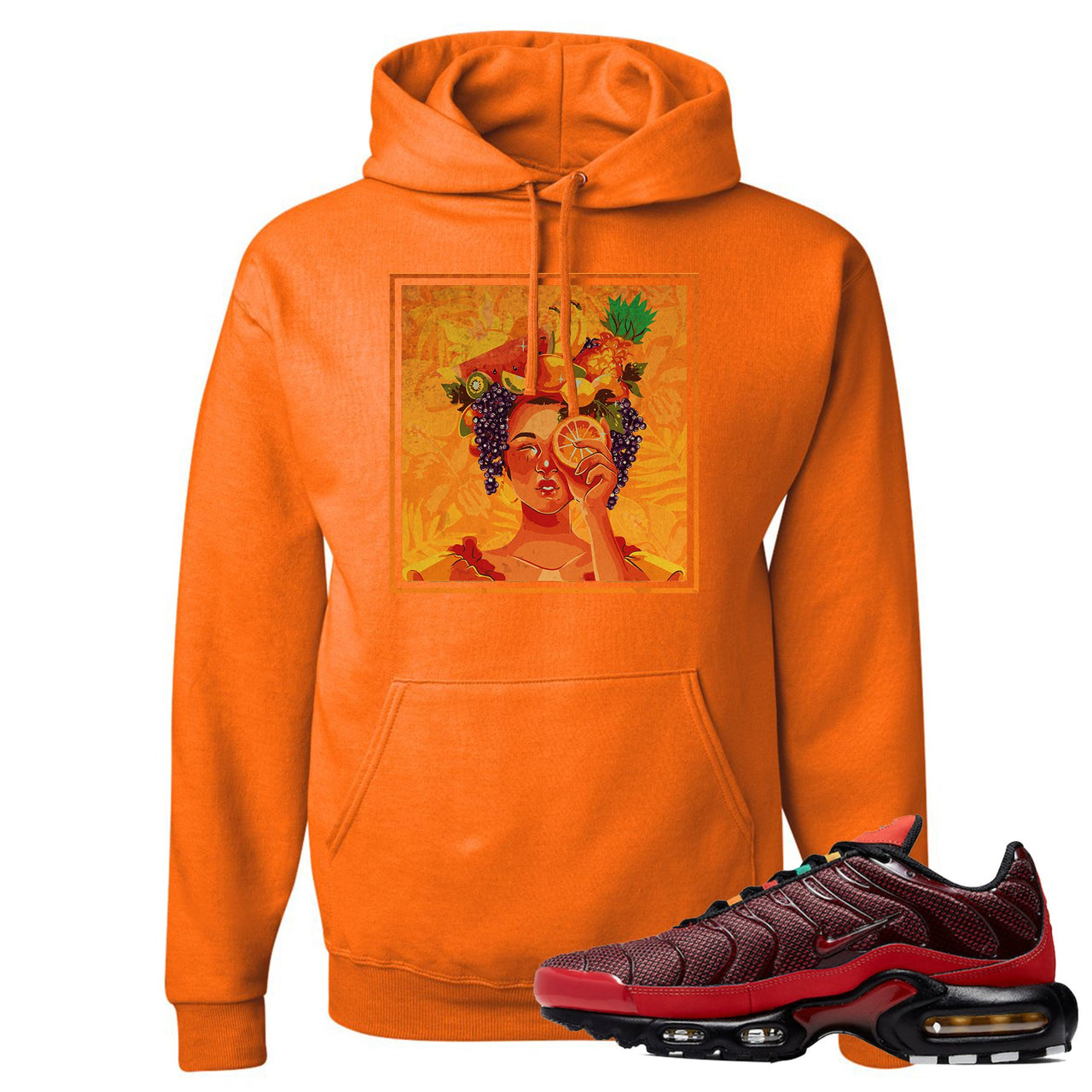 Printed on the front of the air max plus sunburst sneaker matching safety orange pullover hoodie is the lady fruit logo