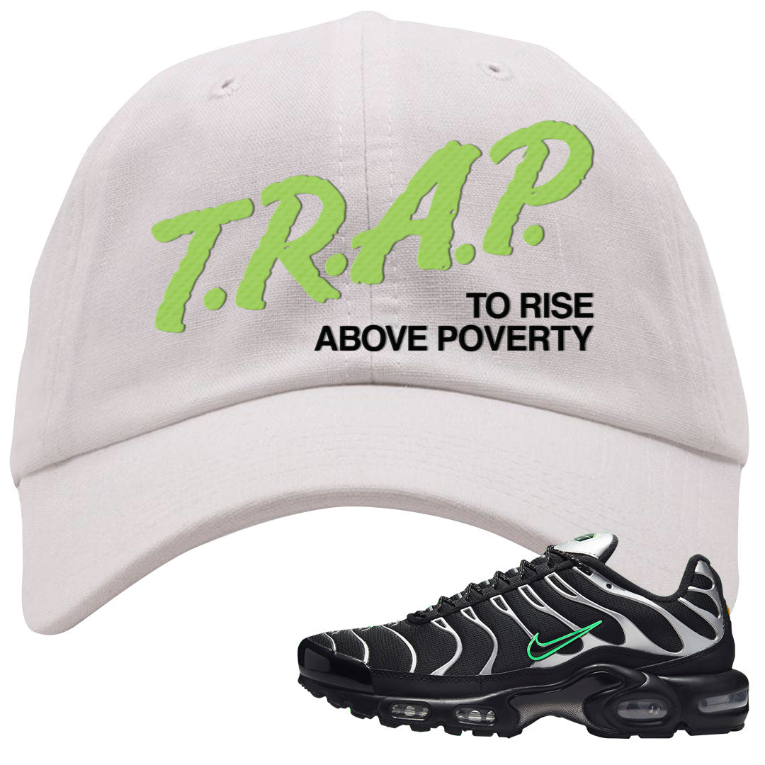 Neon Green Black Grey Pluses Dad Hat | Trap To Rise Above Poverty, White