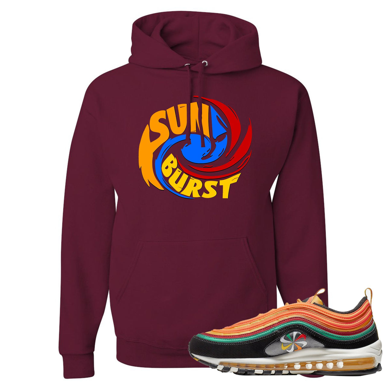 Printed on the front of the Air Max 97 Sunburst maroon sneaker matching pullover hoodie is the Sunburst hurricane logo