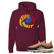 Printed on the front of the Air Max 97 Sunburst maroon sneaker matching pullover hoodie is the Sunburst hurricane logo