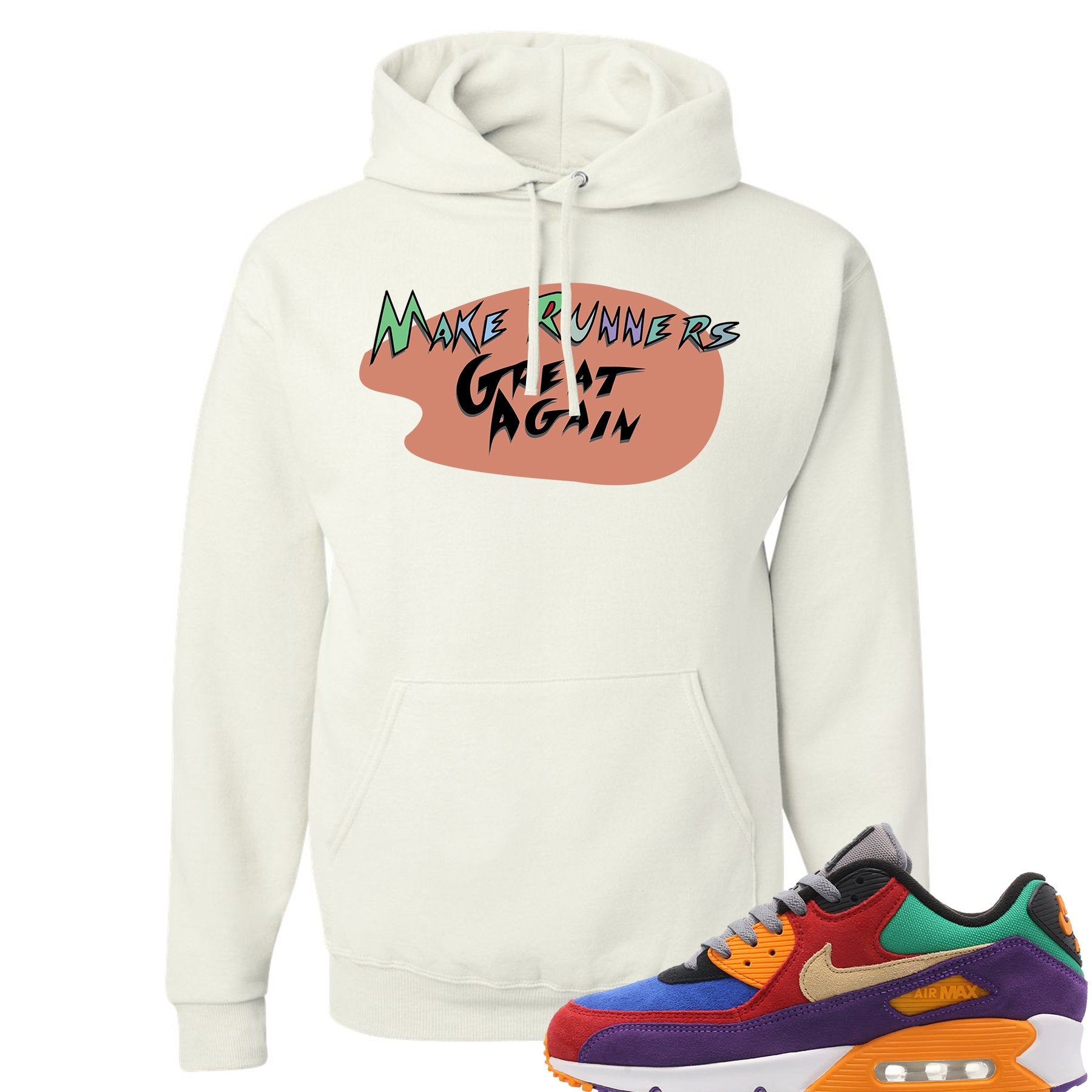 Printed on the front of the Make Runners Great Again white pullover sneaker matching hoodie is the Make Runners Great Again logo