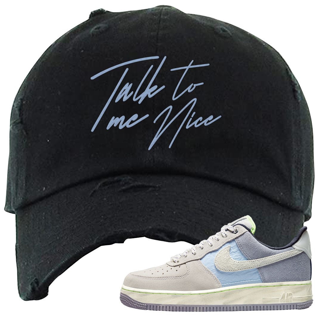 Womens Mountain White Blue AF 1s Distressed Dad Hat | Talk To Me Nice, Black