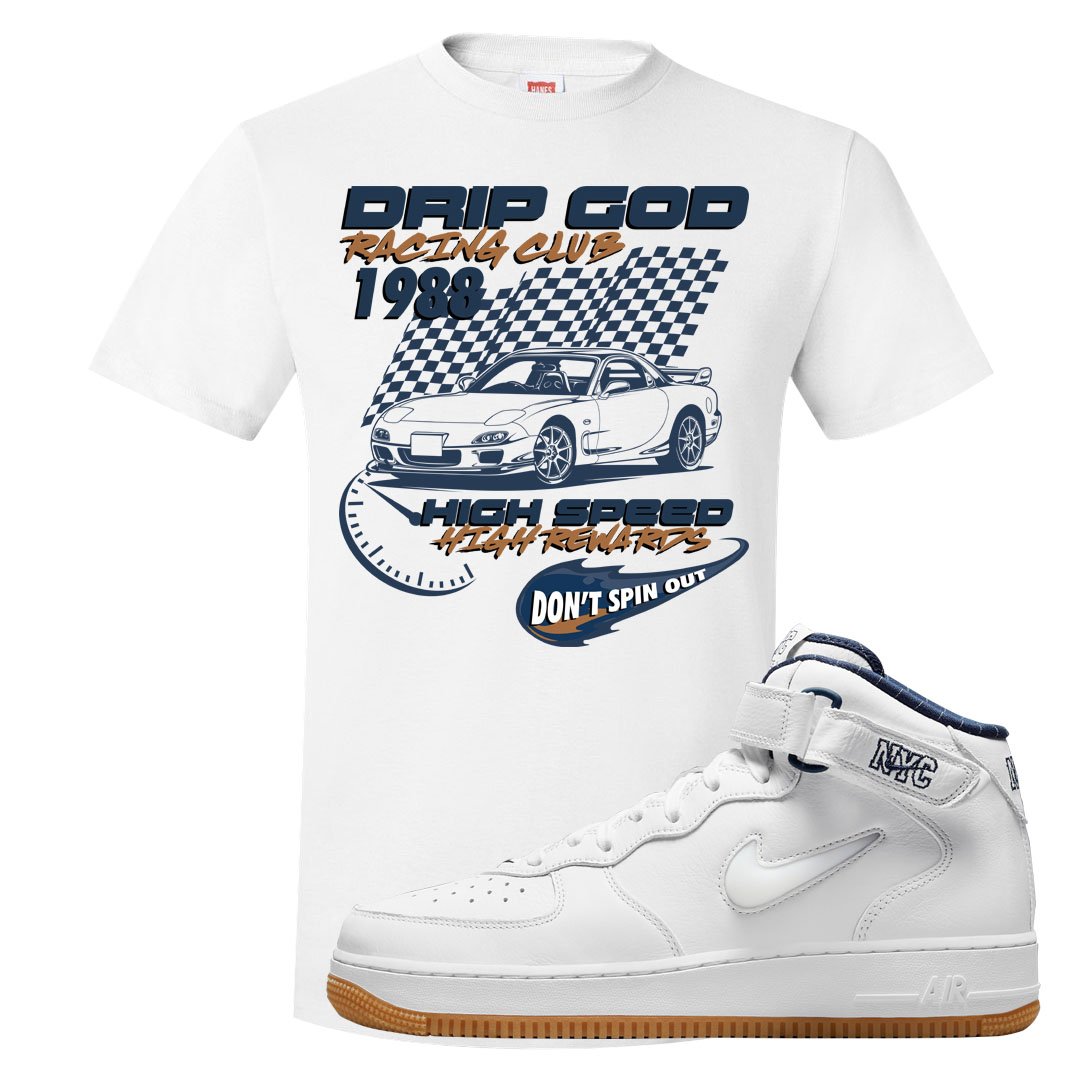 White NYC Mid AF1s T Shirt | Drip God Racing Club, White