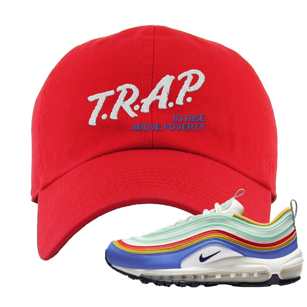 Multicolor 97s Dad Hat | Trap To Rise Above Poverty, Red