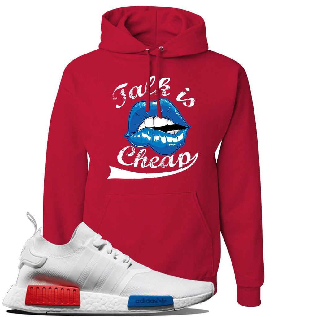 NMD R1 V2 White Red Blue Sneaker Red Pullover Hoodie | Hoodie to match Adidas NMD R1 V2 White Red Blue Shoes | Talk Is Cheap