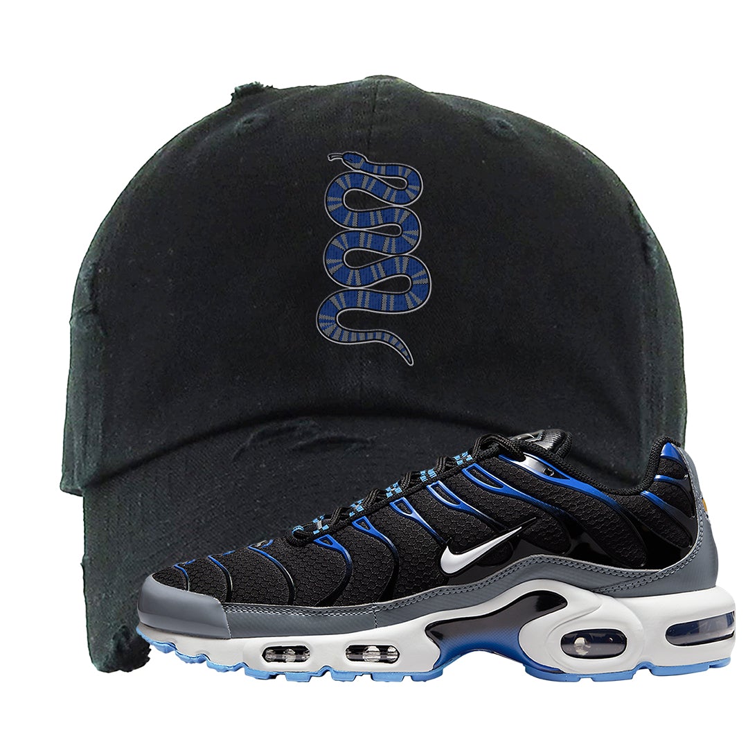 University Blue Black Pluses Distressed Dad Hat | Coiled Snake, Black