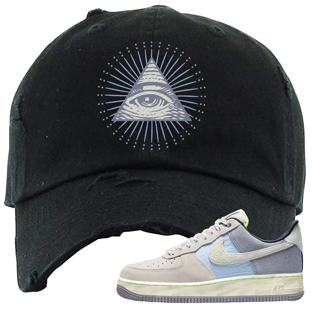 Womens Mountain White Blue AF 1s Distressed Dad Hat | All Seeing Eye, Black