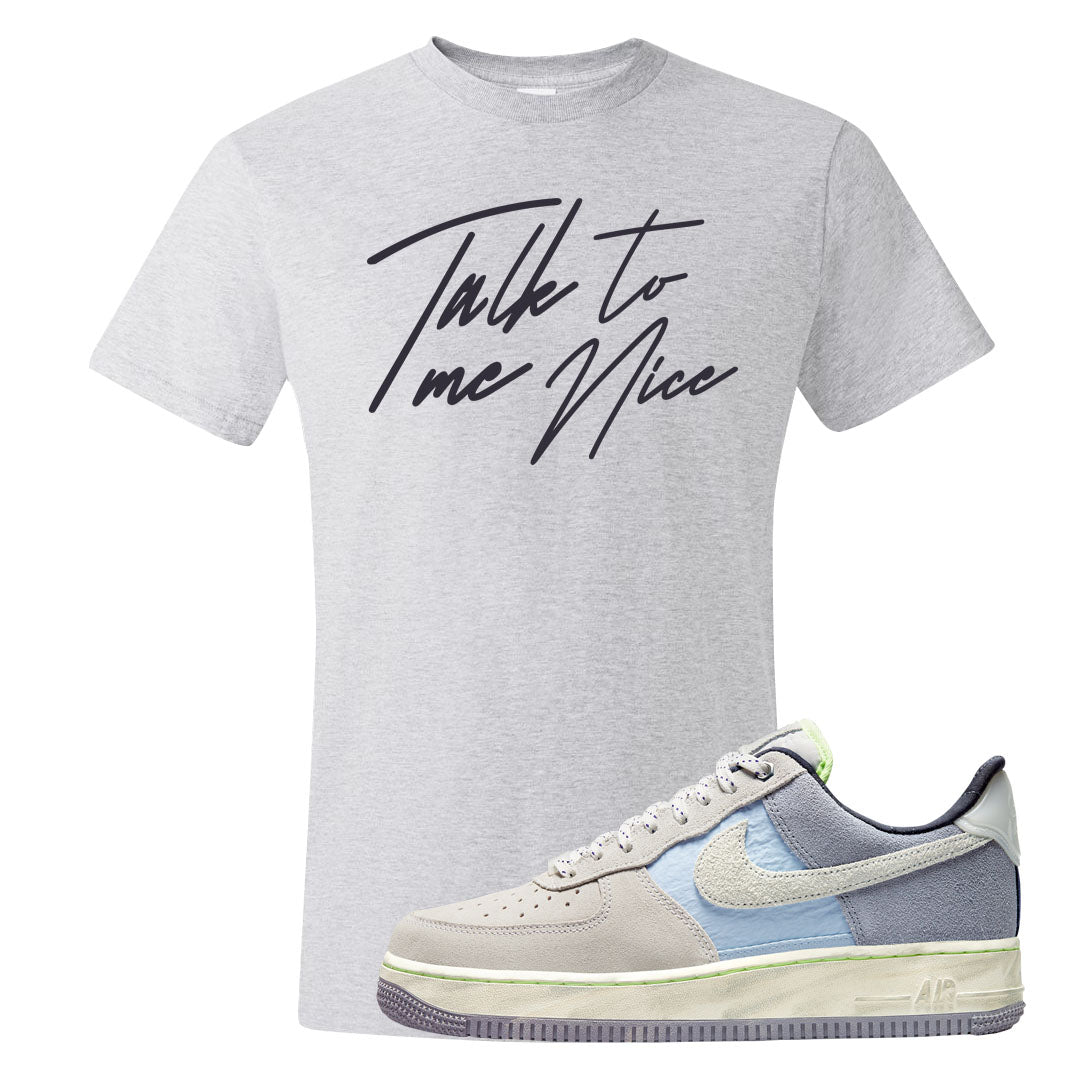 Womens Mountain White Blue AF 1s T Shirt | Talk To Me Nice, Ash