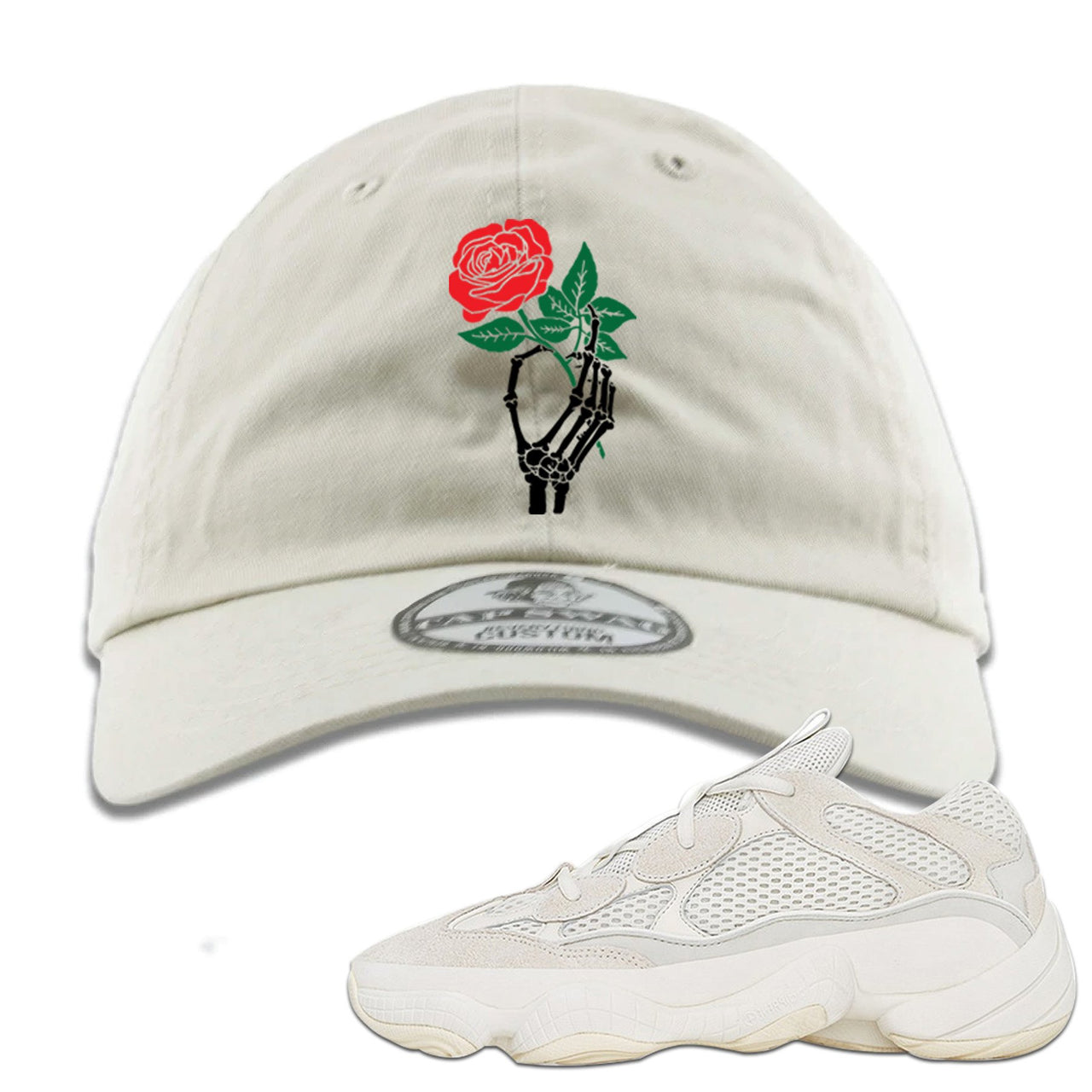 Bone White 500s Dad Hat | Skeleton Hand Rose, Ivory