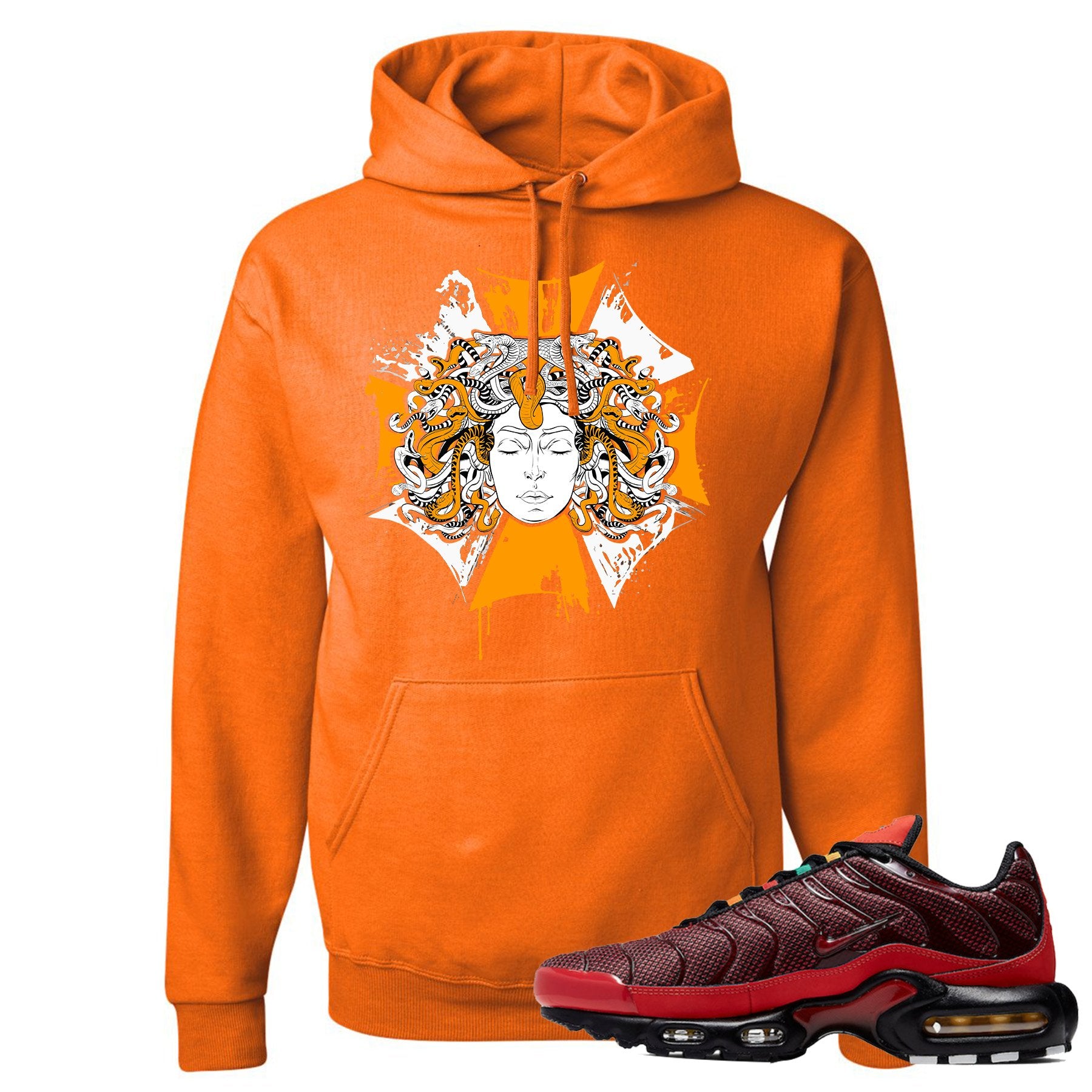 printed on the front of the air max plus sunburst sneaker matching safety orange pullover hoodie is the sunburst medusa logo