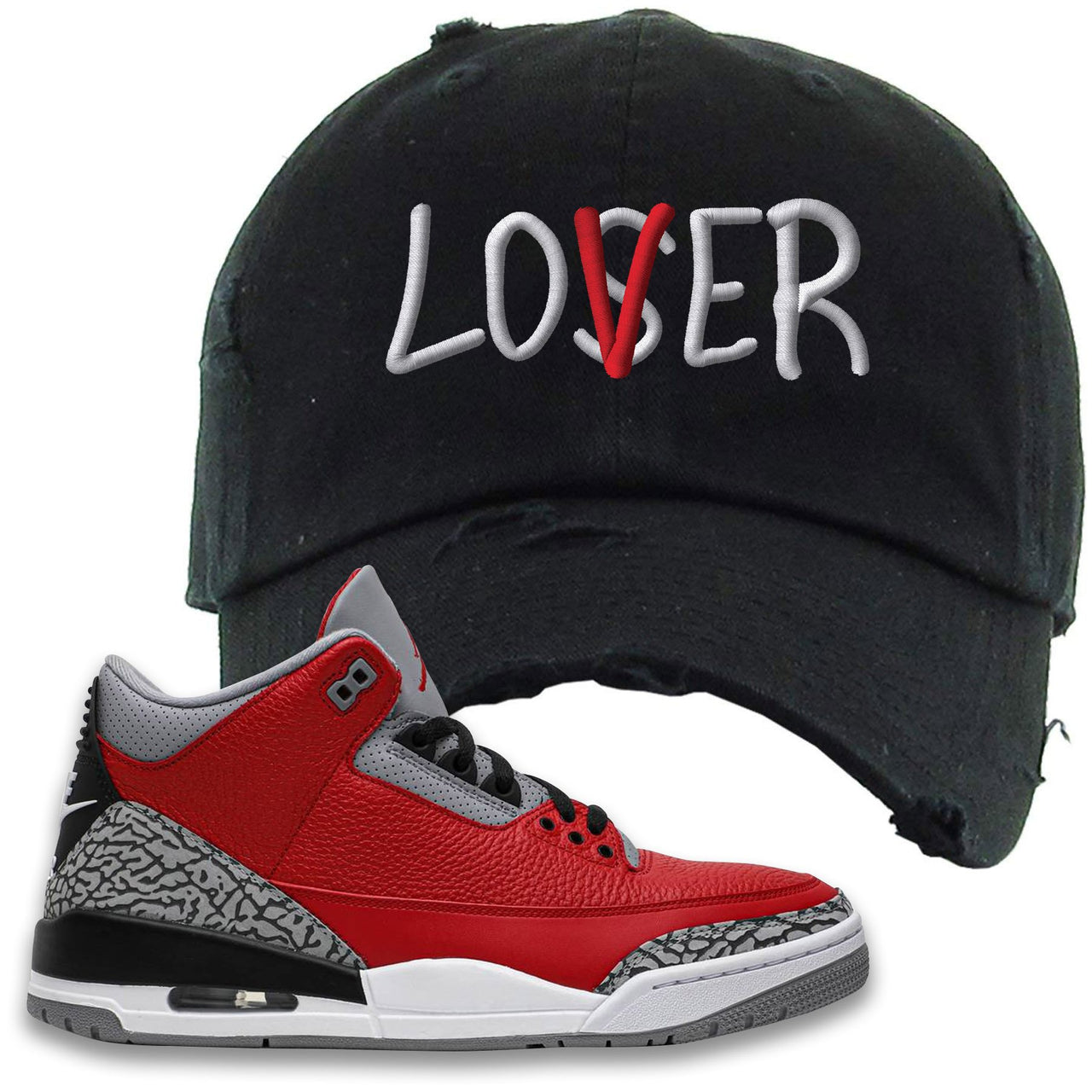 Chicago Exclusive Jordan 3 Red Cement Sneaker Black Distressed Dad Hat | Hat to match Jordan 3 All Star Red Cement Shoes | Lover
