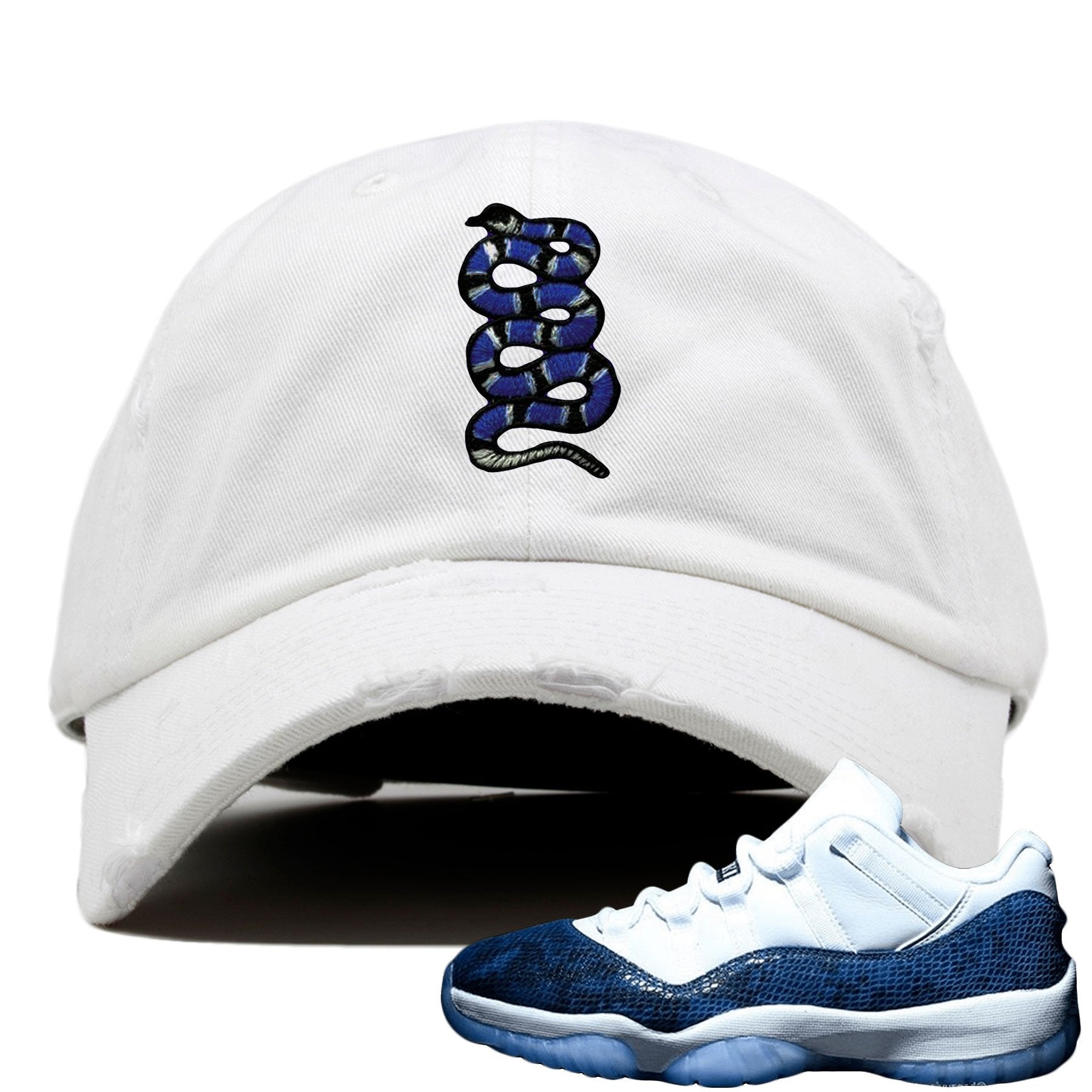 Snakeskin Low Blue 11s Distressed Dad Hat | Coiled Snake, White