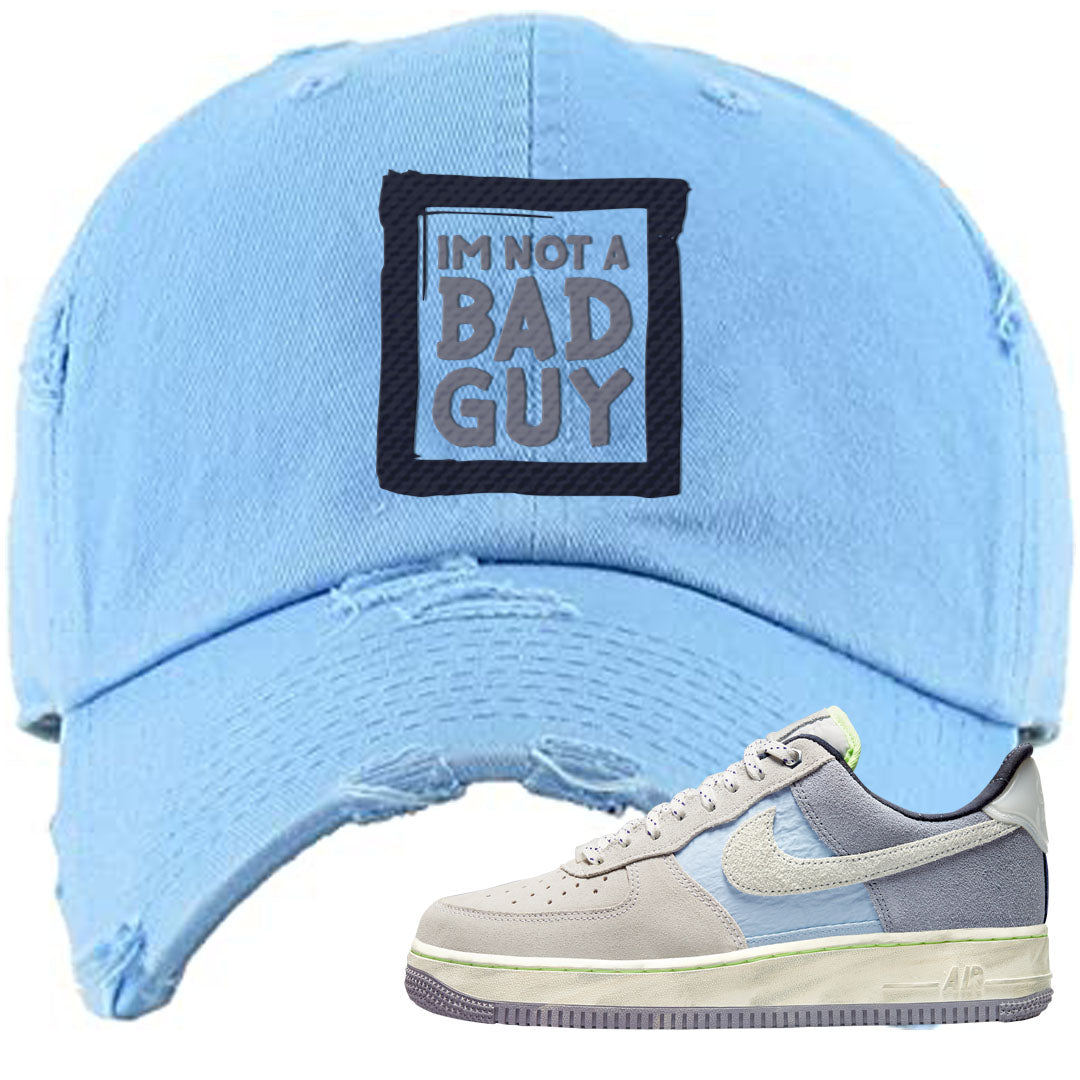 Womens Mountain White Blue AF 1s Distressed Dad Hat | I'm Not A Bad Guy, Light Blue