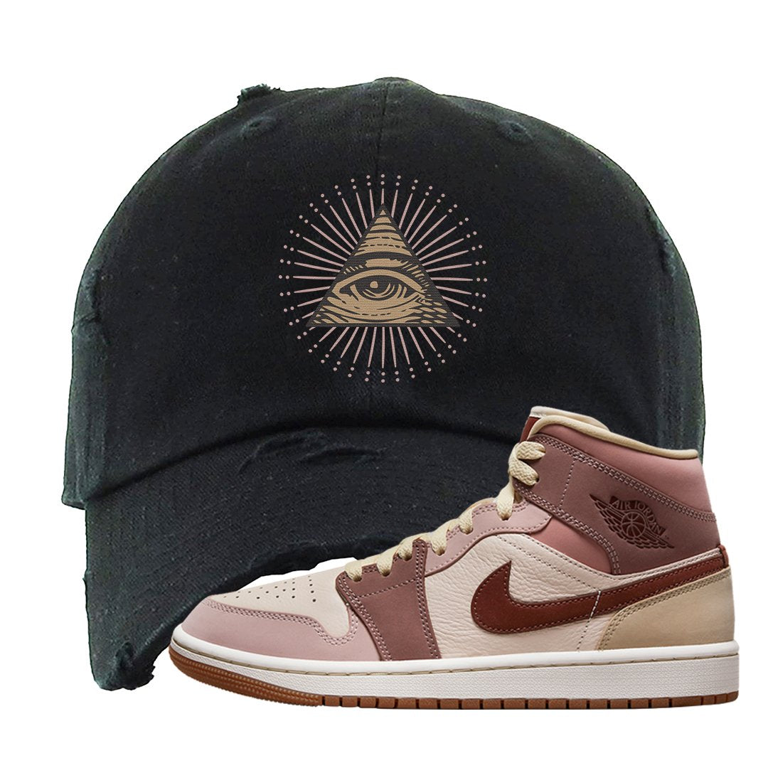 Pink Sand Mauve Mid 1s Distressed Dad Hat | All Seeing Eye, Black