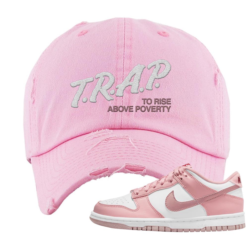Pink Velvet Low Dunks Distressed Dad Hat | Trap To Rise Above Poverty, Light Pink