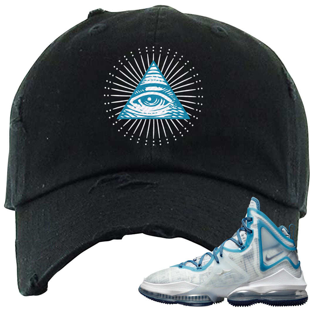 White Blue Space Bron 19s Distressed Dad Hat | All Seeing Eye, Black