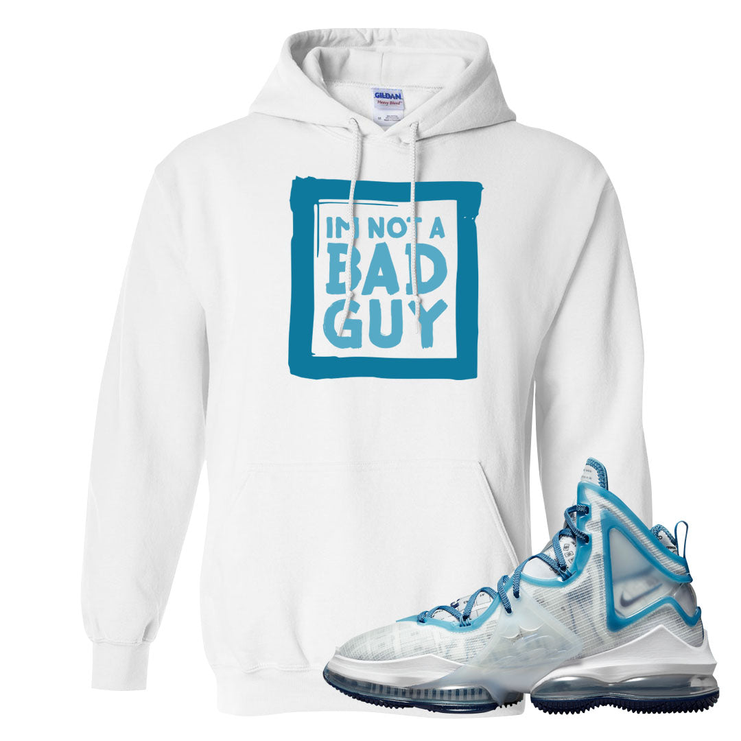 White Blue Space Bron 19s Hoodie | I'm Not A Bad Guy, White