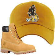 Embroidered on the front of the Wheat Timbs matching timberland boot dad hat is the matching timbs logo