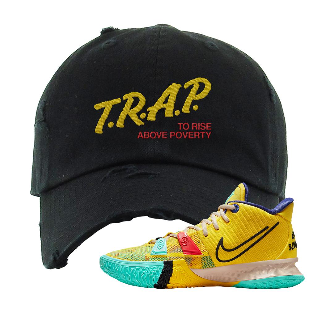 1 World 1 People Yellow 7s Distressed Dad Hat | Trap To Rise Above Poverty, Black