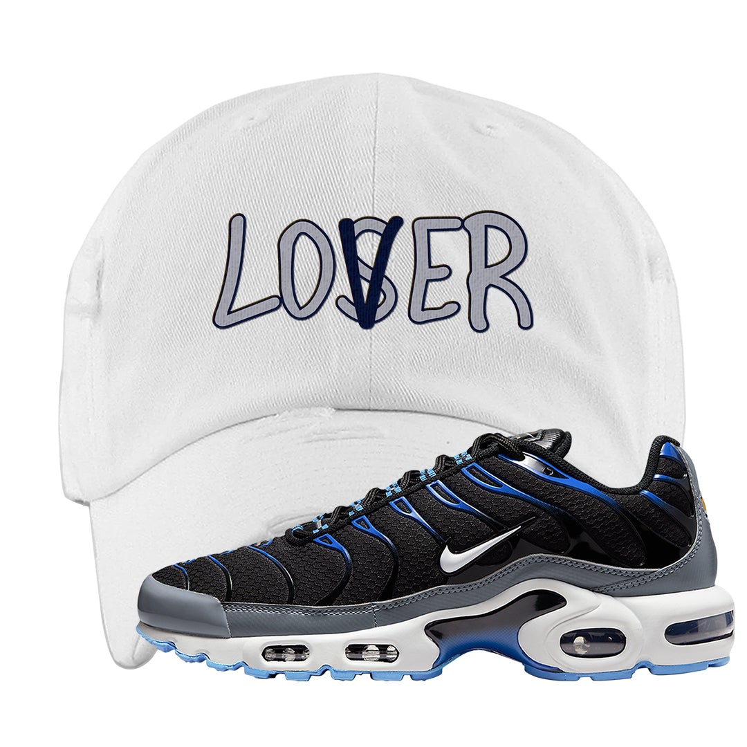 University Blue Black Pluses Distressed Dad Hat | Lover, White