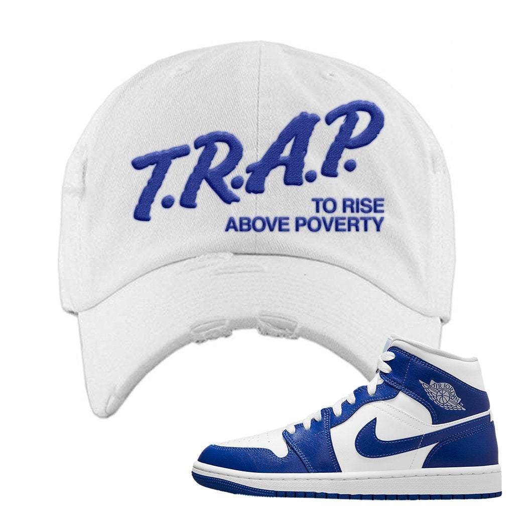 Air Jordan 1 Mid Kentucky Blue Distressed Dad Hat | Trap To Rise Above Poverty, White