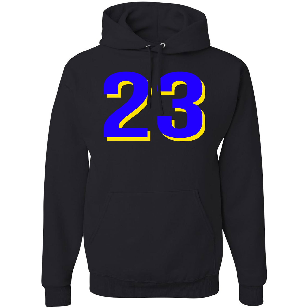 Printed on the front of the Air Jordan 5 Laney Alternate JSP sneaker matching hoodie is the 23 logo in blue and yellow