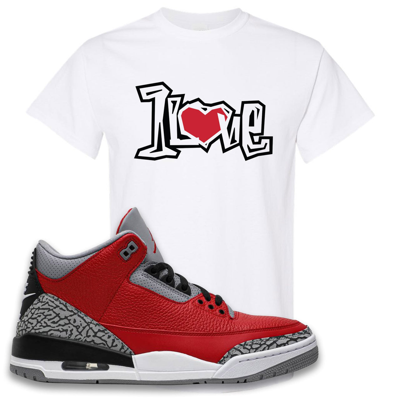 Jordan 3 Red Cement Chicago All-Star Sneaker White T Shirt | Tees to match Jordan 3 All Star Red Cement Shoes | 1 Love