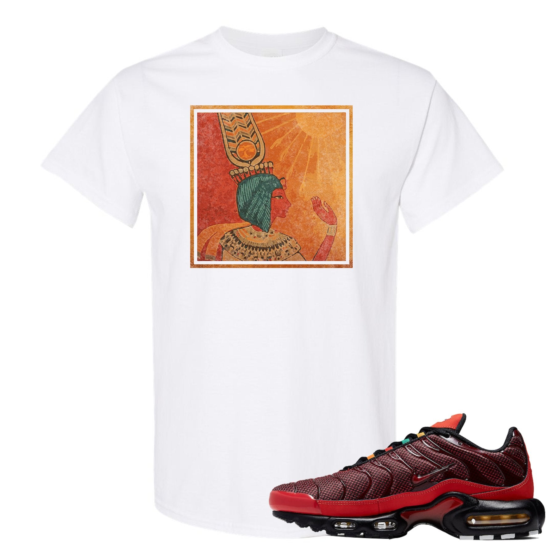 printed on the front of the air max plus sunburst sneaker matching white tee shirt is the vintage egyptian logo