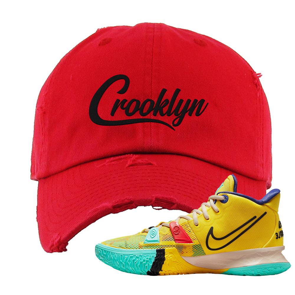 1 World 1 People Yellow 7s Distressed Dad Hat | Crooklyn, Red