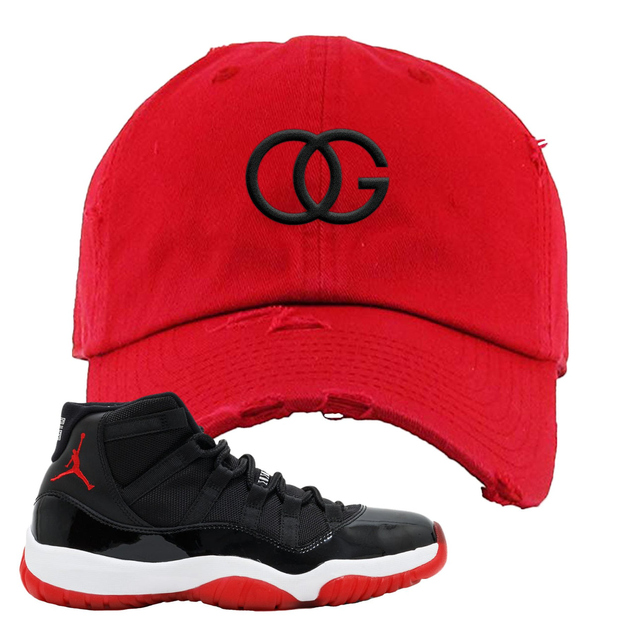 Jordan 11 Bred OG Red Sneaker Hook Up Distressed Dad Hat