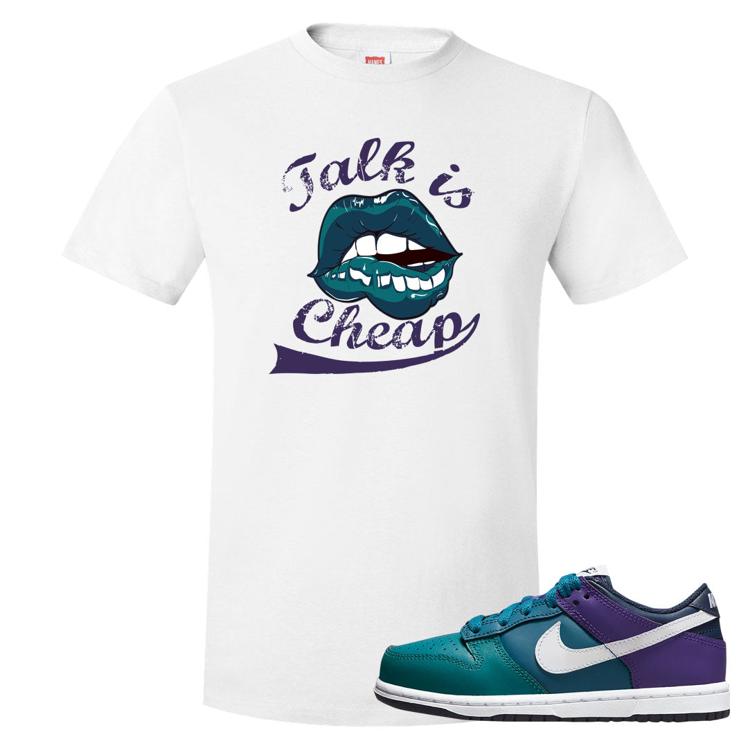 Teal Purple Low Dunks T Shirt | Talk Is Cheap, White