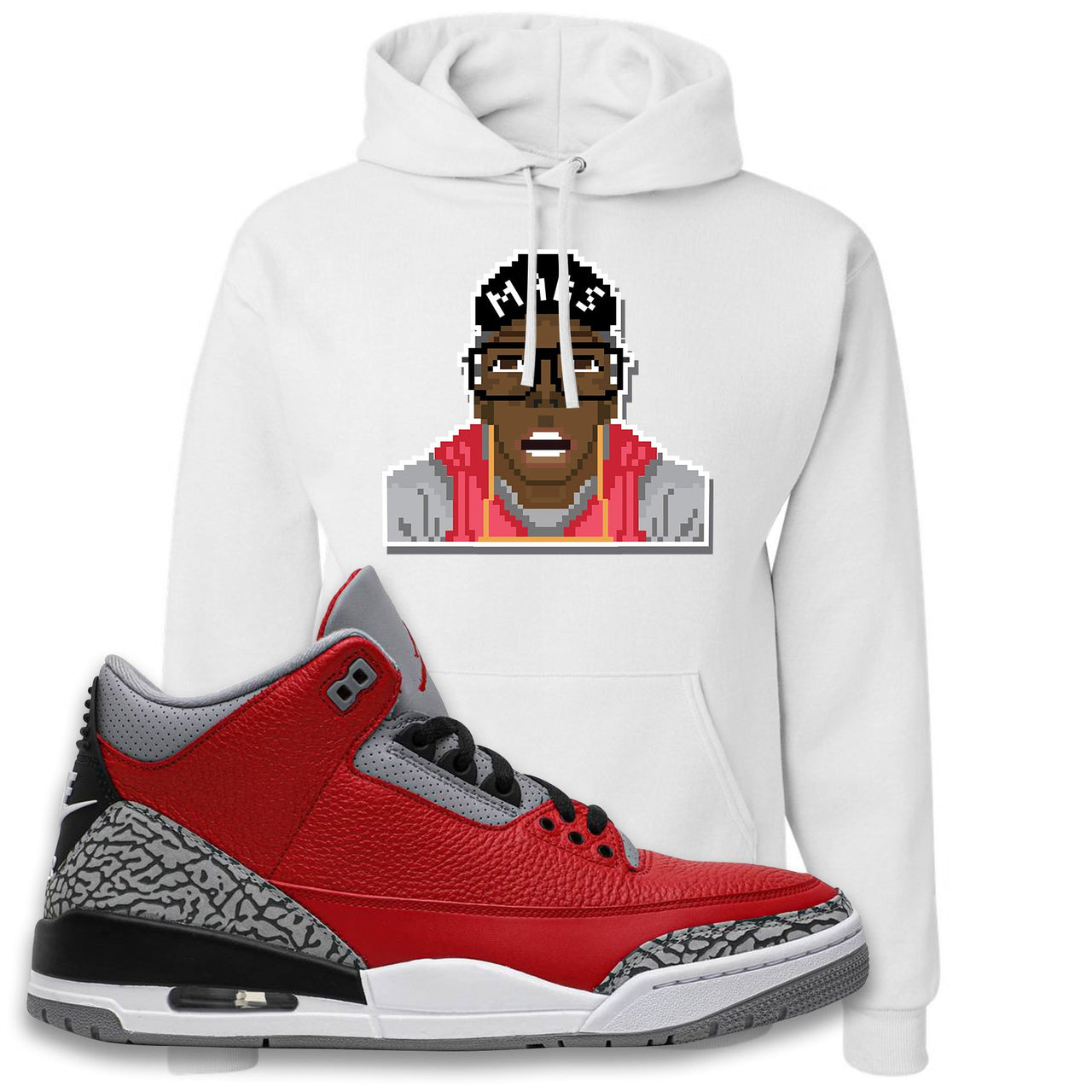 Jordan 3 Red Cement Chicago All-Star Sneaker White Pullover Hoodie | Hoodie to match Jordan 3 All Star Red Cement Shoes | Mars Pixel