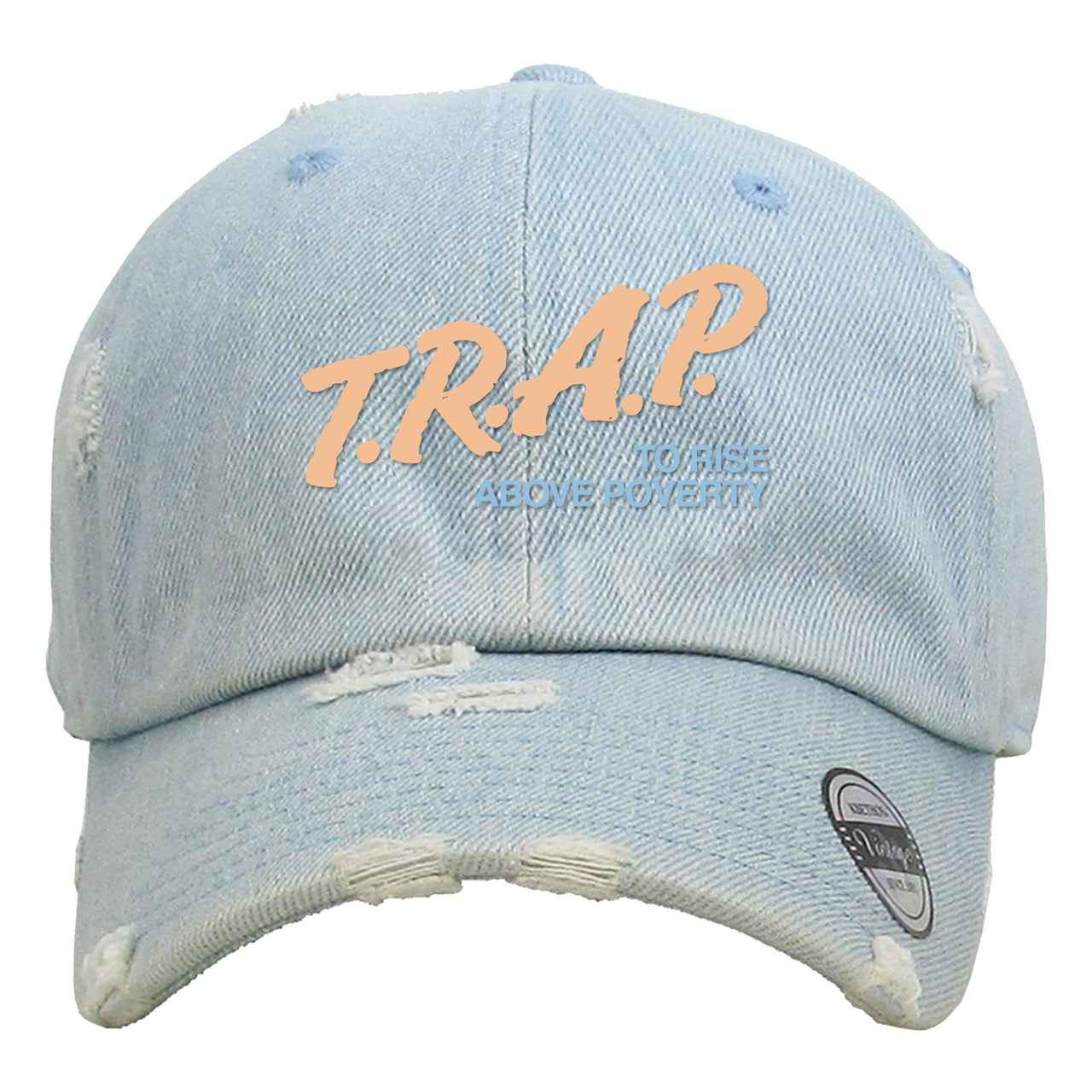 Hyperspace 350s Distressed Dad Hat | Trap To Rise Above Poverty, Light Denim