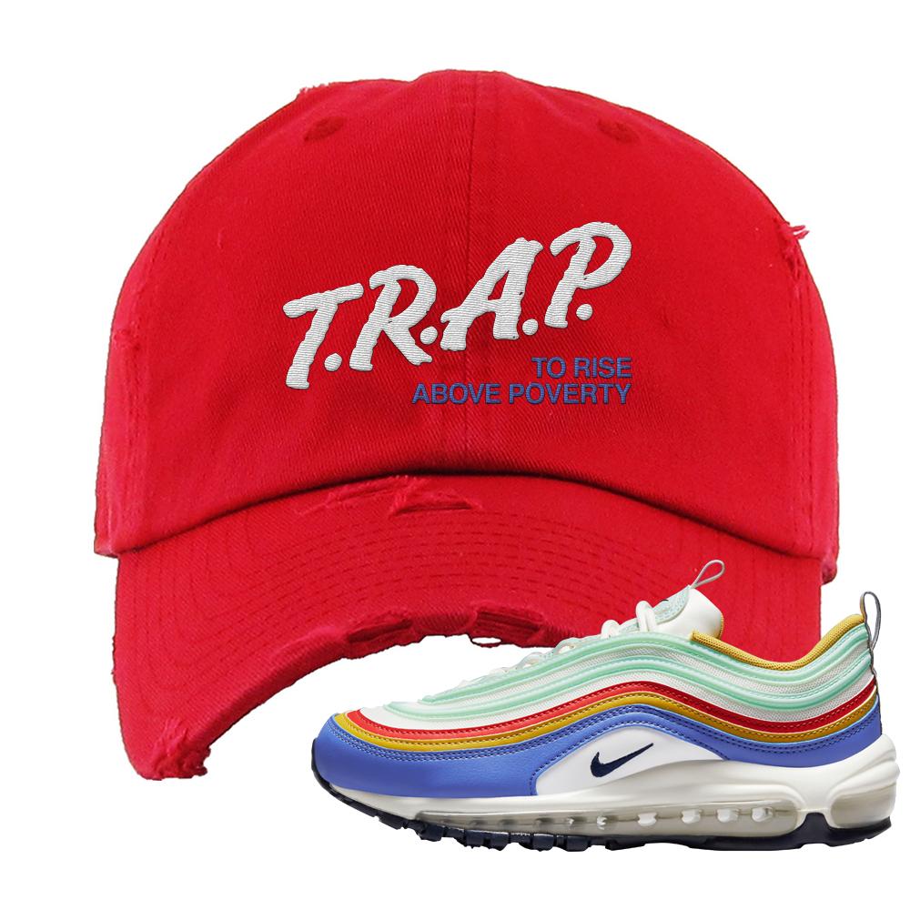 Multicolor 97s Distressed Dad Hat | Trap To Rise Above Poverty, Red