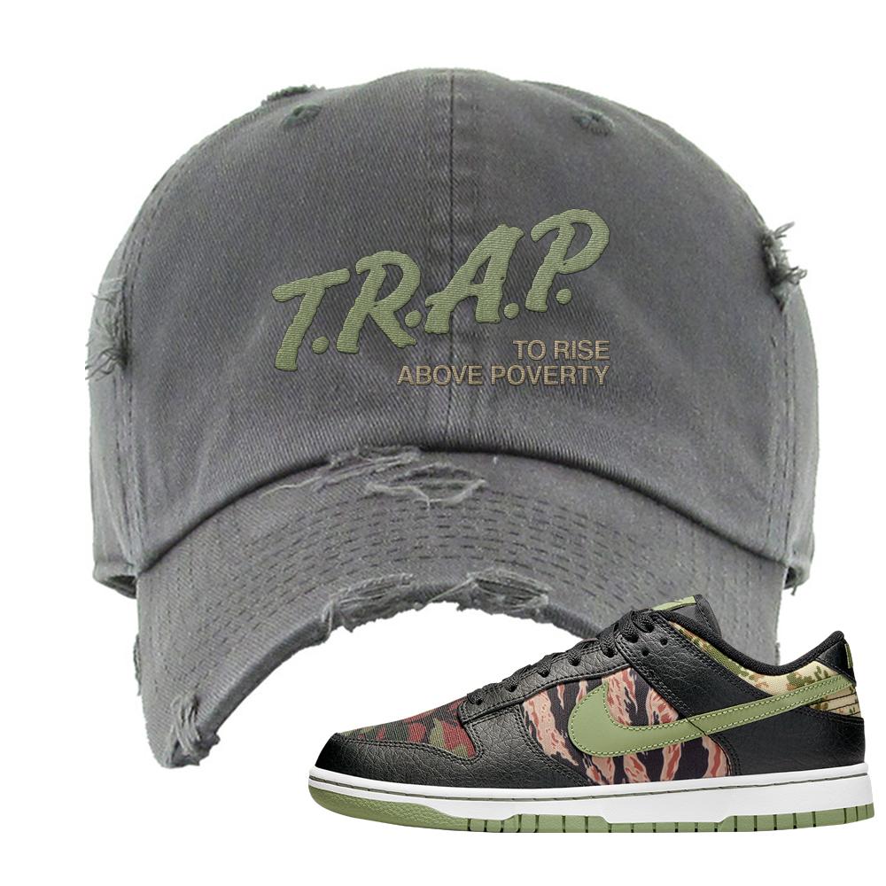 Multi Camo Low Dunks Distressed Dad Hat | Trap To Rise Above Poverty, Dark Gray