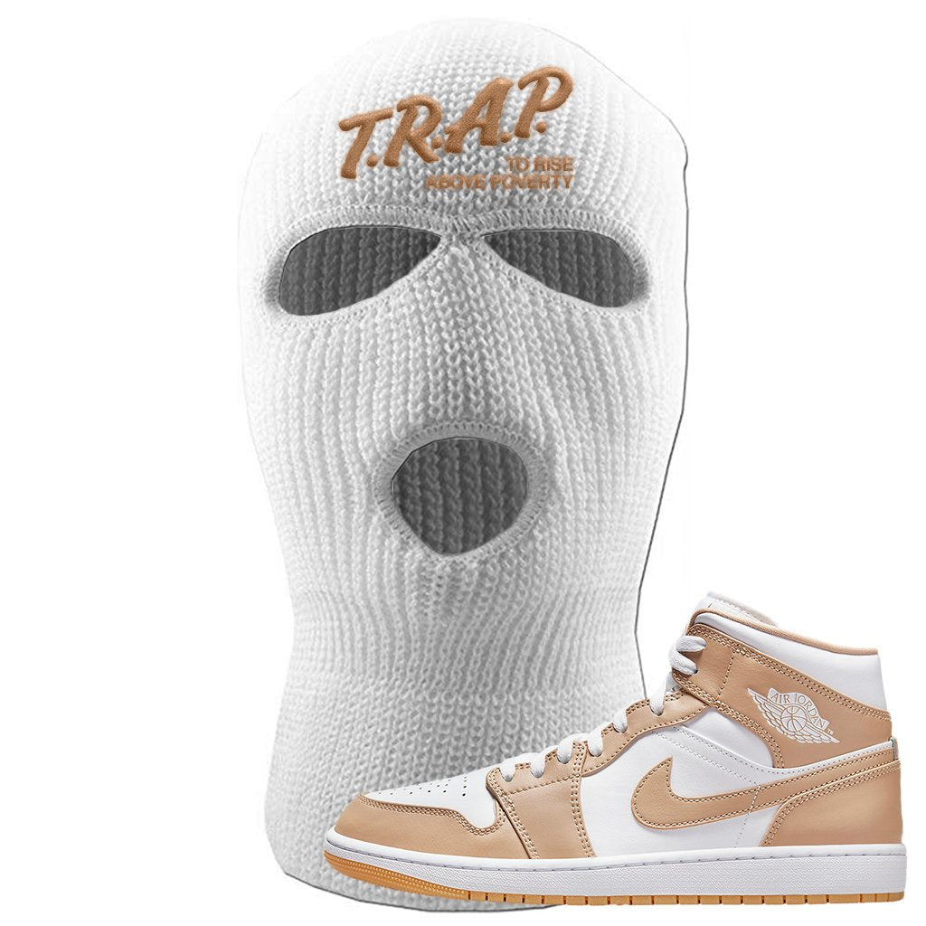 Air Jordan 1 Mid Tan Leather Ski Mask | Trap To Rise Above Poverty, White