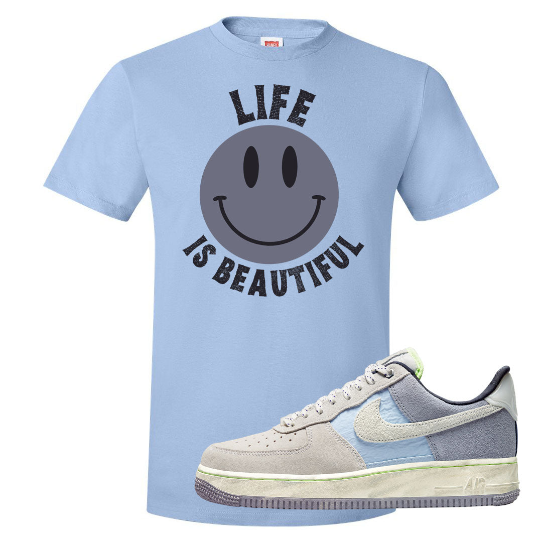 Womens Mountain White Blue AF 1s T Shirt | Smile Life Is Beautiful, Light Blue