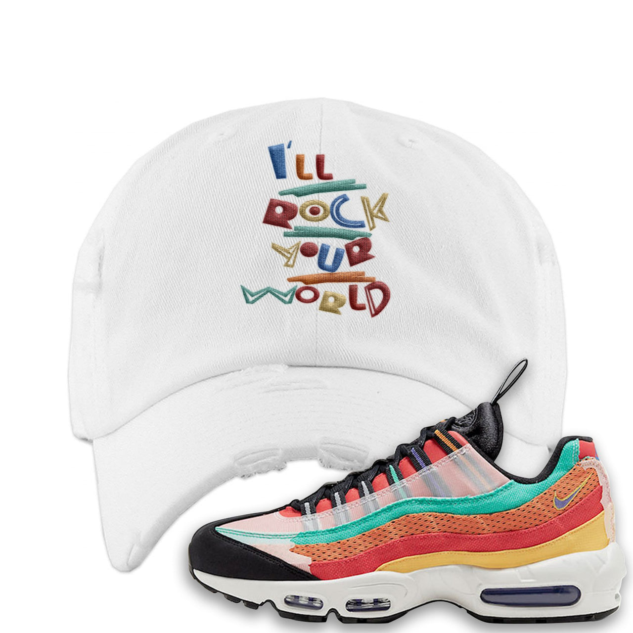 Air Max 95 Black History Month Sneaker White Distressed Dad Hat | Hat to match Air Max 95 Black History Month Shoes | I'll Rock Your World