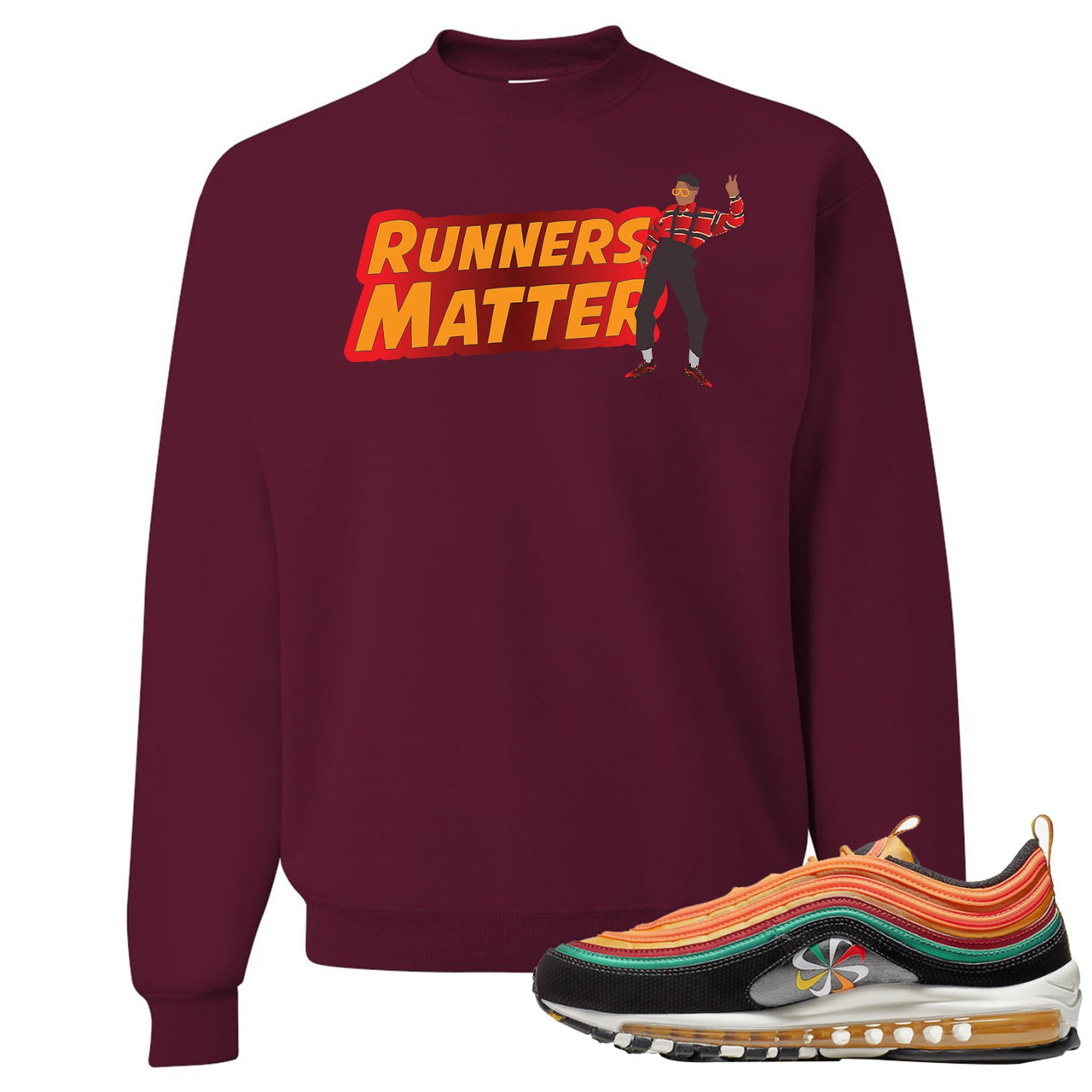 Printed on the front of the Air Max 97 Sunburst sneaker matching maroon crewneck sweatshirt is the Runners Matter logo