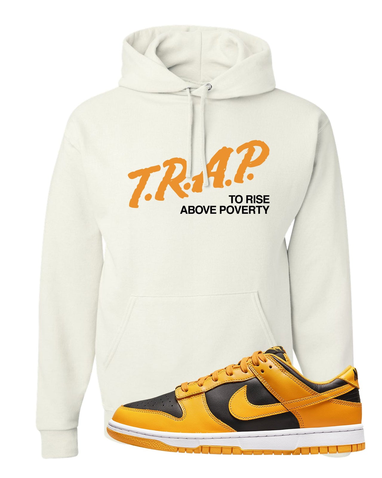 Goldenrod Low Dunks Hoodie | Trap To Rise Above Poverty, White