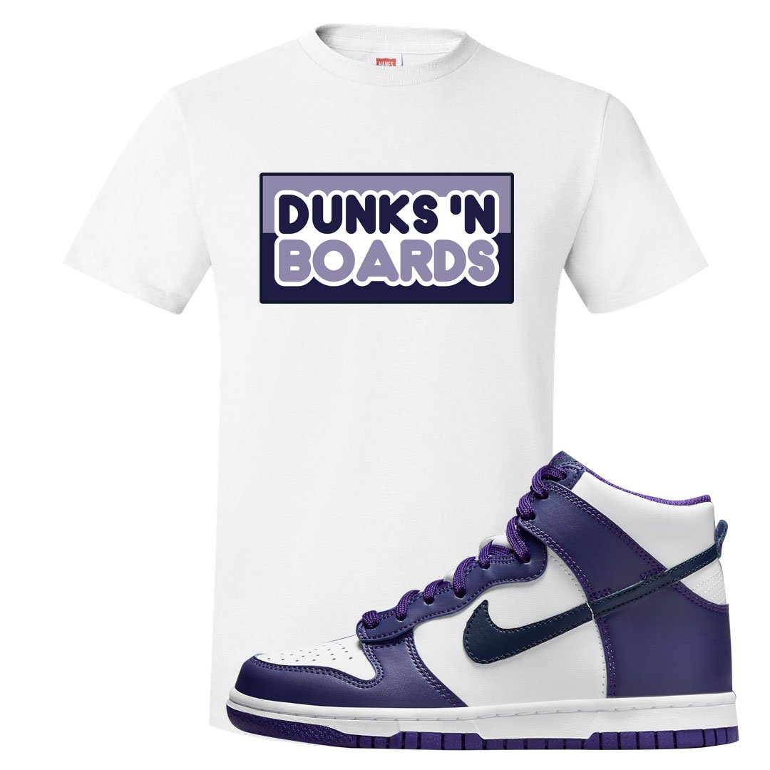 Court Purple High Dunks T Shirt | Dunks N Boards, White