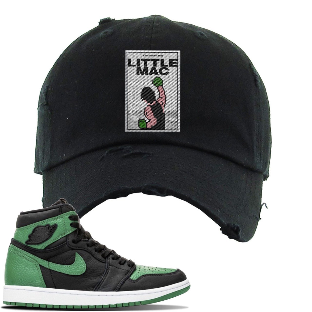 Jordan 1 Retro High OG Pine Green Gym Sneaker Black Distressed Dad Hat | Hat to match Air Jordan 1 Retro High OG Pine Green Gym Shoes | Little Mac A Philly Story