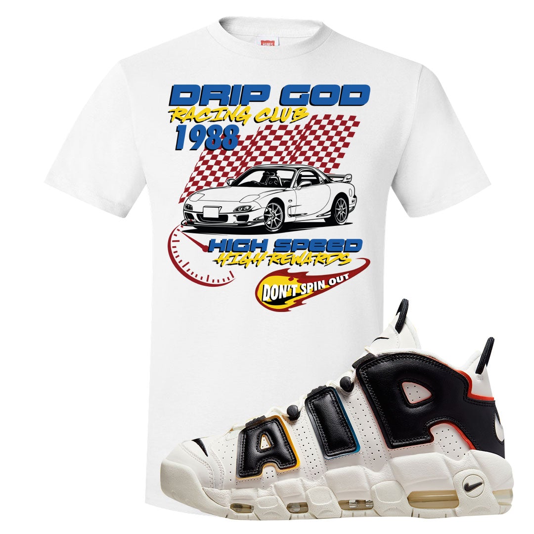 Multicolor Uptempos T Shirt | Drip God Racing Club, White