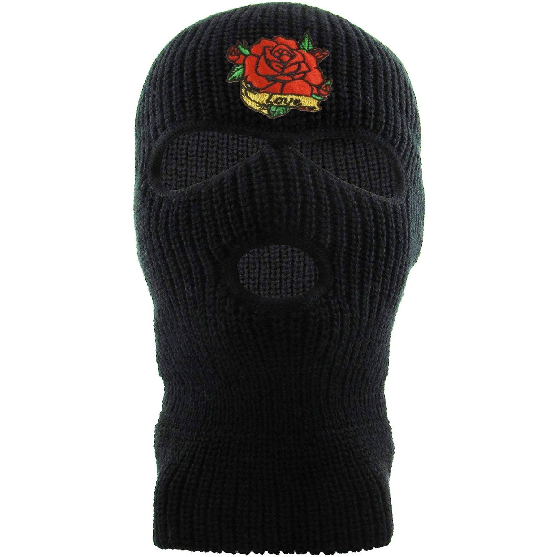 Embroidered on the forehead of the rose love black ski mask is the rose logo with love banner