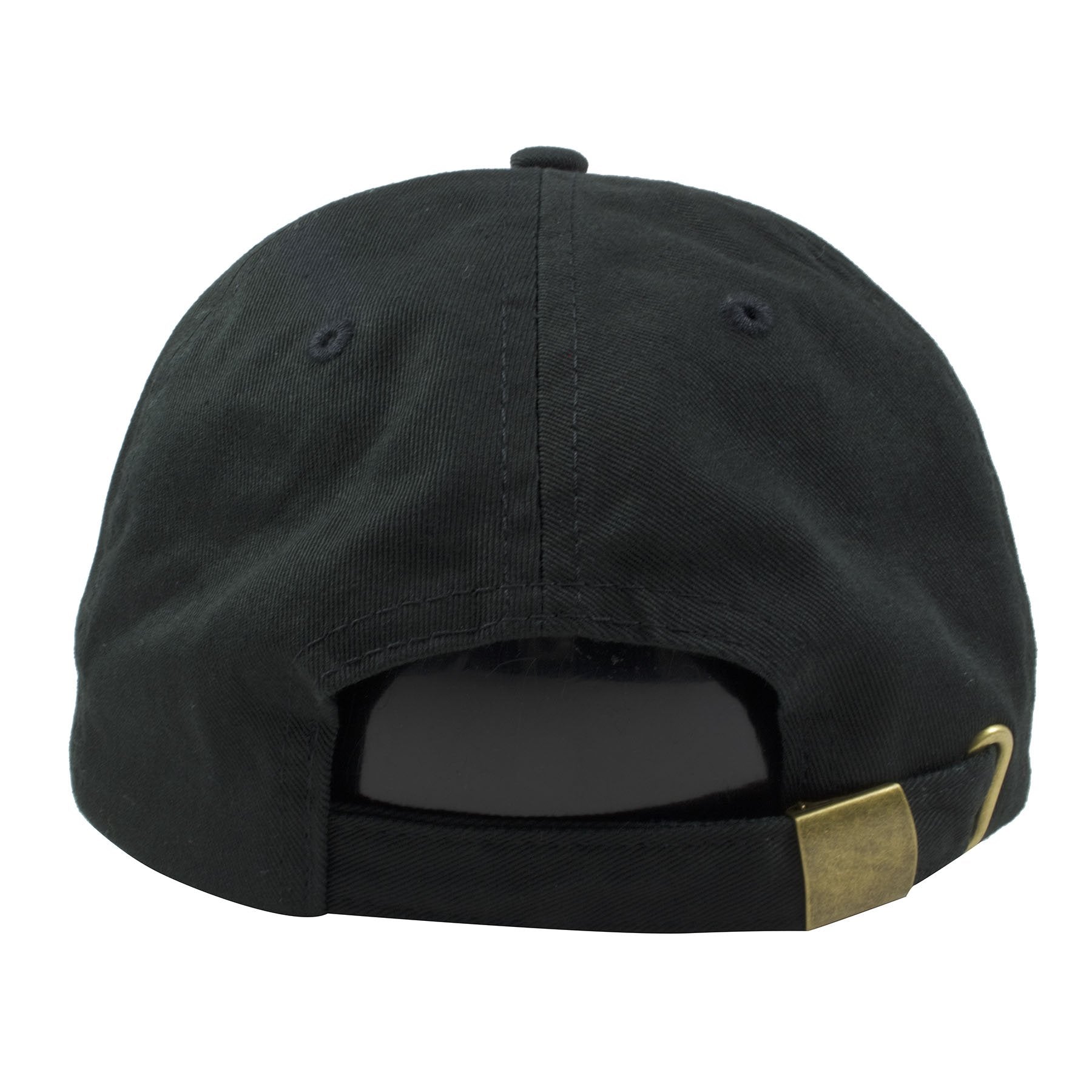 the back of the Foot Clan Bonsai Tree Rising Sun black dad hat is a black adjustable strap