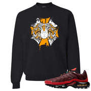 printed on the front of the air max plus sunburst sneaker matching black crewneck sweatshirt is the medusa sunburst logo