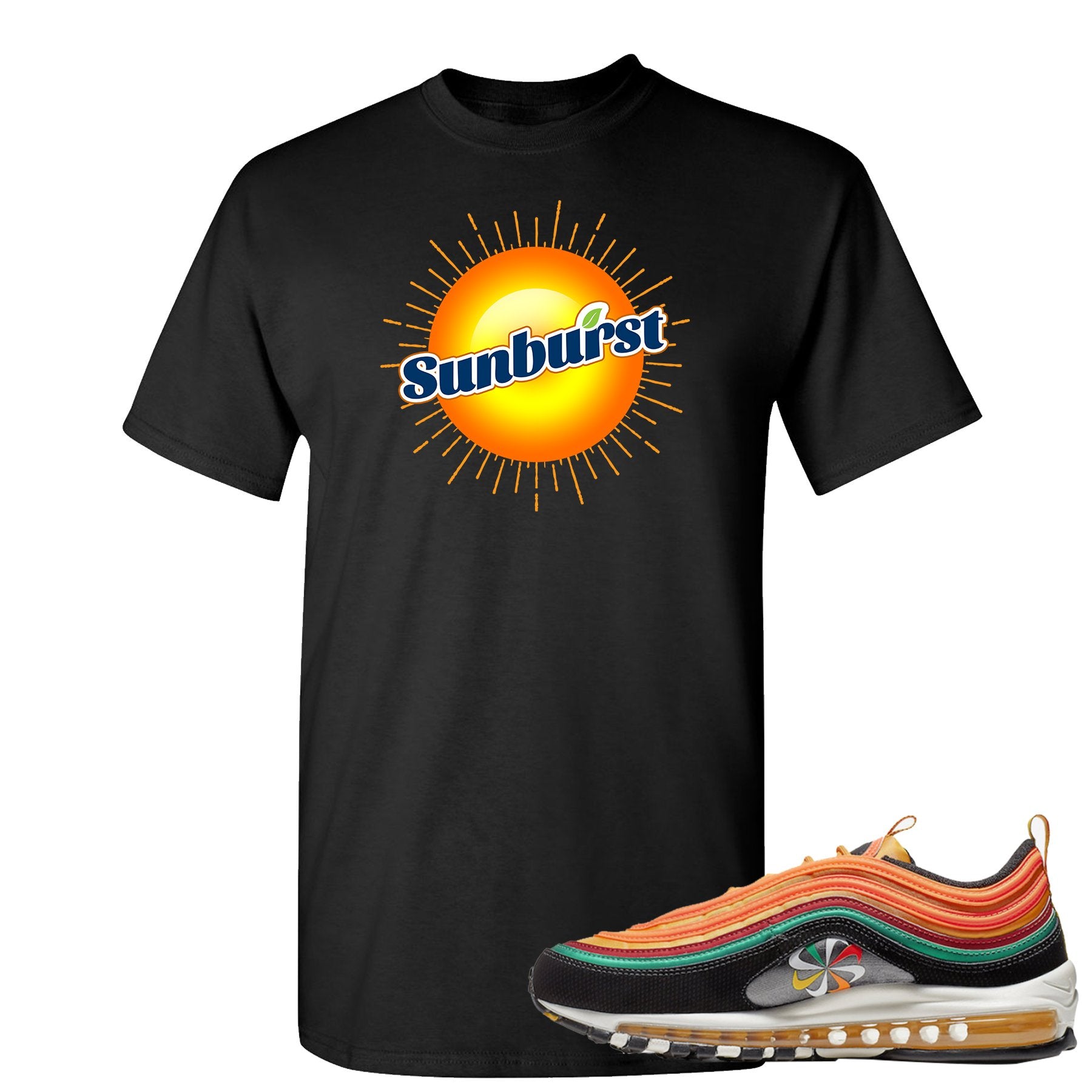 Printed on the front of the Air Max 97 Sunburst black sneaker matching tee shirt is the Sunburst Soda logo