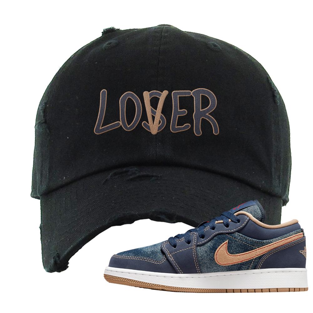 Denim Gum Bottom Low 1s Distressed Dad Hat | Lover, Black