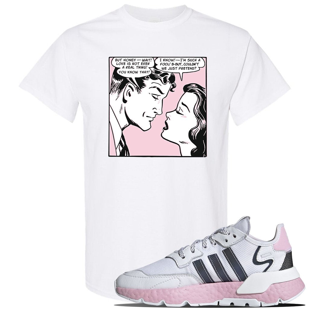 WMNS Nite Jogger Pink Boost Sneaker White T Shirt | Tees to match Adidas WMNS Nite Jogger Pink Boost Shoes | Fake Love Comic